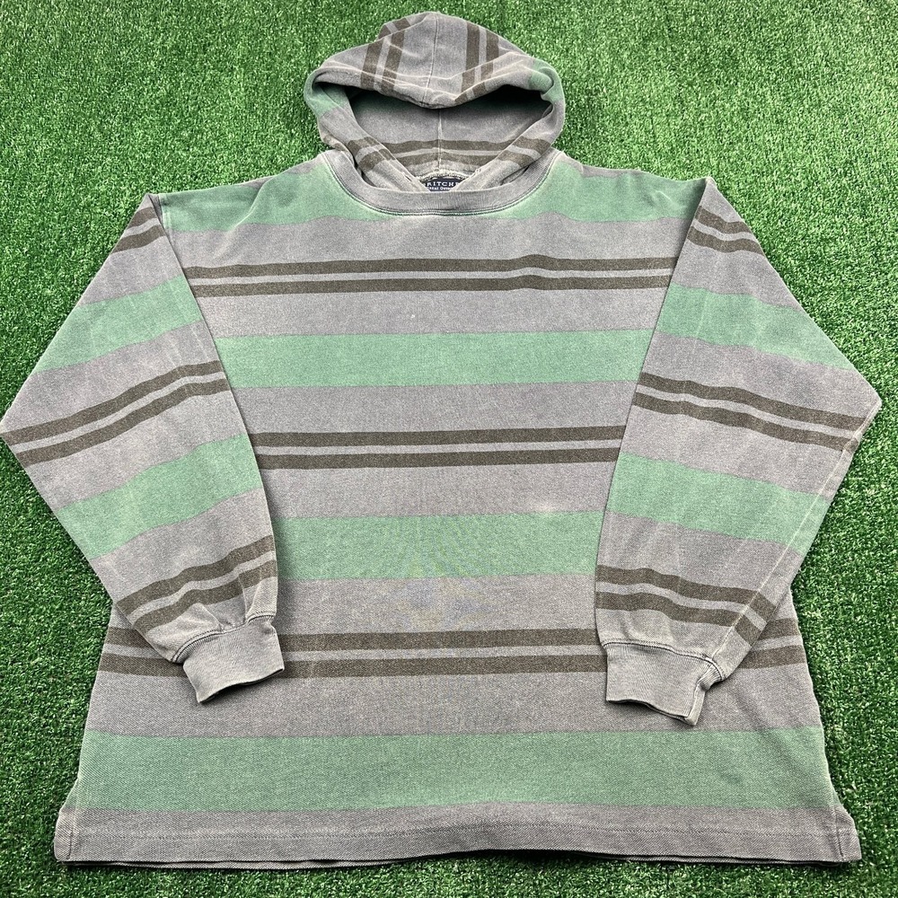 BRITCHES Great Outdoors Men's Large Green Gray Striped Hooded T-Shirt Cotton 90s